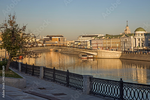 Russian scene: River trips on the Moscow river, view for the Vodootvodny canal in Moscow near Bolotnaya square at dusk