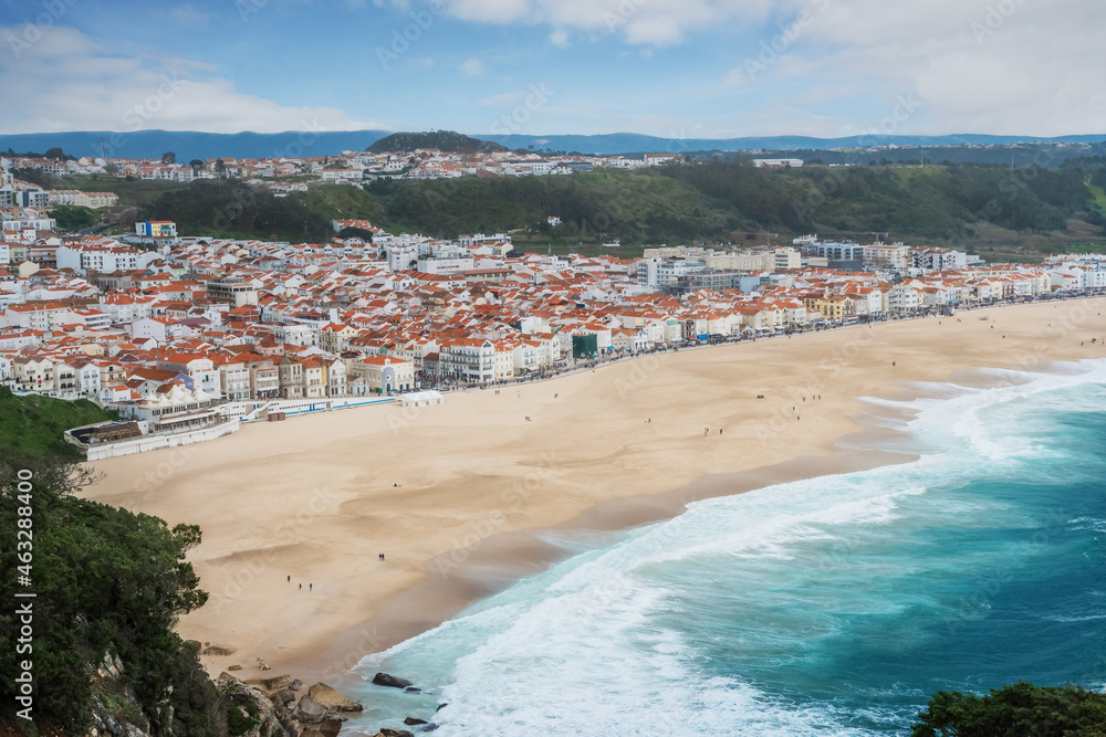 Aerial view of Nazare City and Praia da Nazare Beach - Nazare, Portugal
