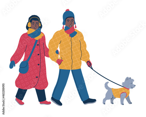 Couple walking a dog on a leash during the winter time. Isolated vector illustration.