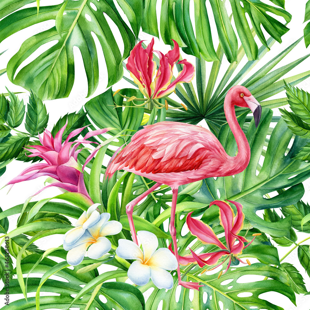 Pink flamingos, tropical birds. Tropical seamless pattern of monstera leaves and flowers, watercolor illustration. 