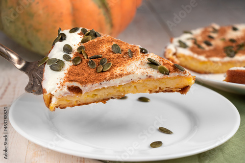 taking with a spatula a slice of a pumpkin pie with seeds from a white plate close-up photo