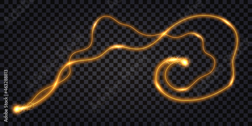 Electric discharge effect, wire circuits with electrical glowing shock light. Yellow power flash. Isolated element on dark transparent background. Vector illustration