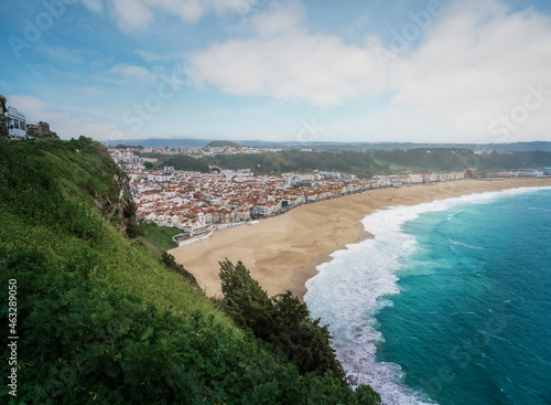 Aerial view of Nazare City and Praia da Nazare Beach - Nazare, Portugal
