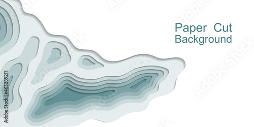 Paper cut topography 3d background. Multi layers, origami relief map. Sea water papercut web banner, smooth topo lines, teal color modern trensy design. Vector illustration.
