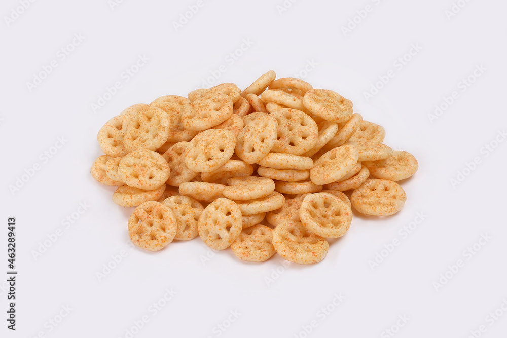 Fried and Spicy wheel Snacks or Fryums (Snacks Pellets) served in a bowl. selective focus - Image Fried and Spicy wheel Snacks or Fryums (Snacks Pellets) served in a bowl. selective focus - Image