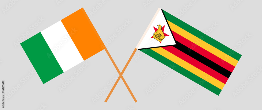 Fototapeta premium Crossed flags of Republic of Ivory Coast and the Republic of Zimbabwe. Official colors. Correct proportion
