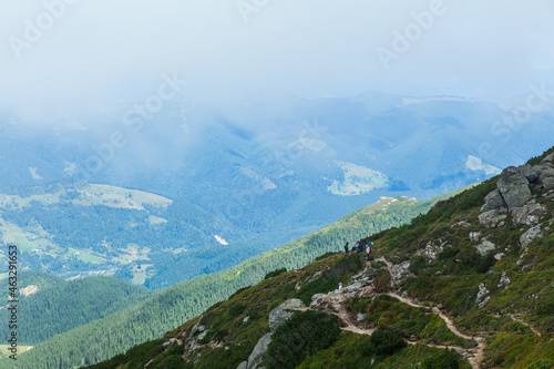Fototapeta Naklejka Na Ścianę i Meble -  Hiking trails on the hillside. Ukrainian Carpathians