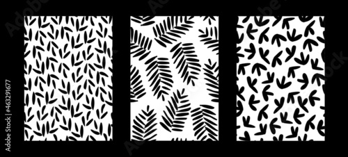 Pack de tres patrones para fondos de diseño o estampados con formas de vegetales, vectores abstractos en blanco y negro	
