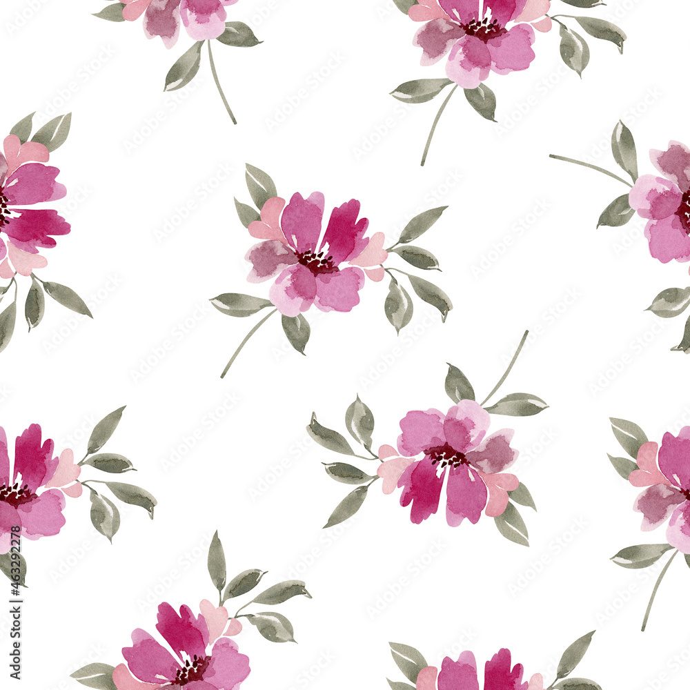 watercolor floral pattern with pink flowers on white background, hand painted
