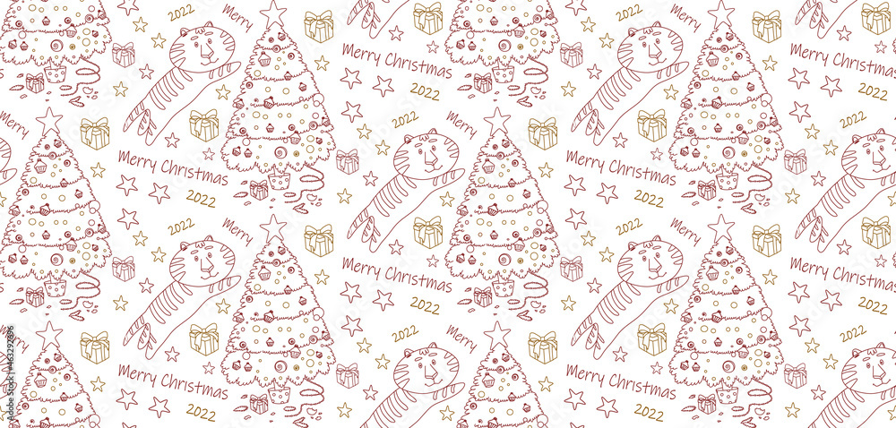 Christmas seamless pattern. The symbol of 2022. Tiger and Christmas tree. Template for use in children's design, textiles, books, packaging. 