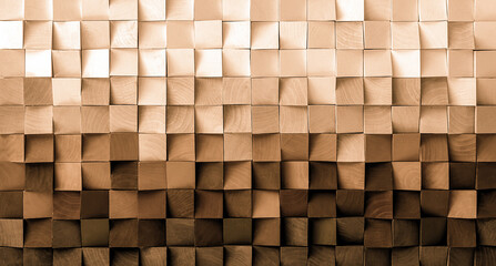 Natural color wood block wall cubic texture background . Modern contempolary woodwork wallpaper artwork design .