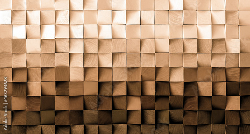 Natural color wood block wall cubic texture background . Modern contempolary woodwork wallpaper artwork design .