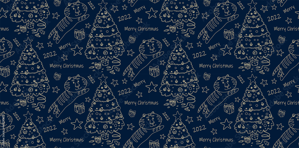 Christmas seamless pattern. The symbol of 2022. Tiger and Christmas tree. Template for use in children's design, textiles, books, packaging.