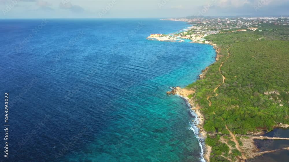 Aerial view above scenery of Curacao, the Caribbean with ocean and coast Aerial view above scenery of Curacao, the Caribbean with ocean and coast