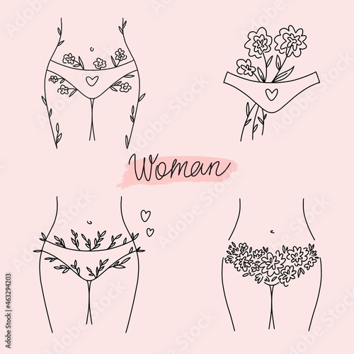 Silhouette of a girl's body in panties and flowers