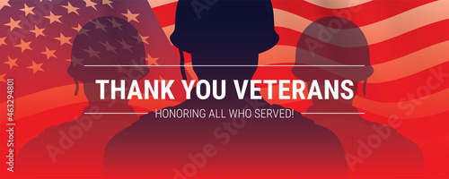 Veterans day cinematic vector background, with WW2 soldier shadows and waving USA flag. Patriotic American army banner with THANK YOU VETERANS message.