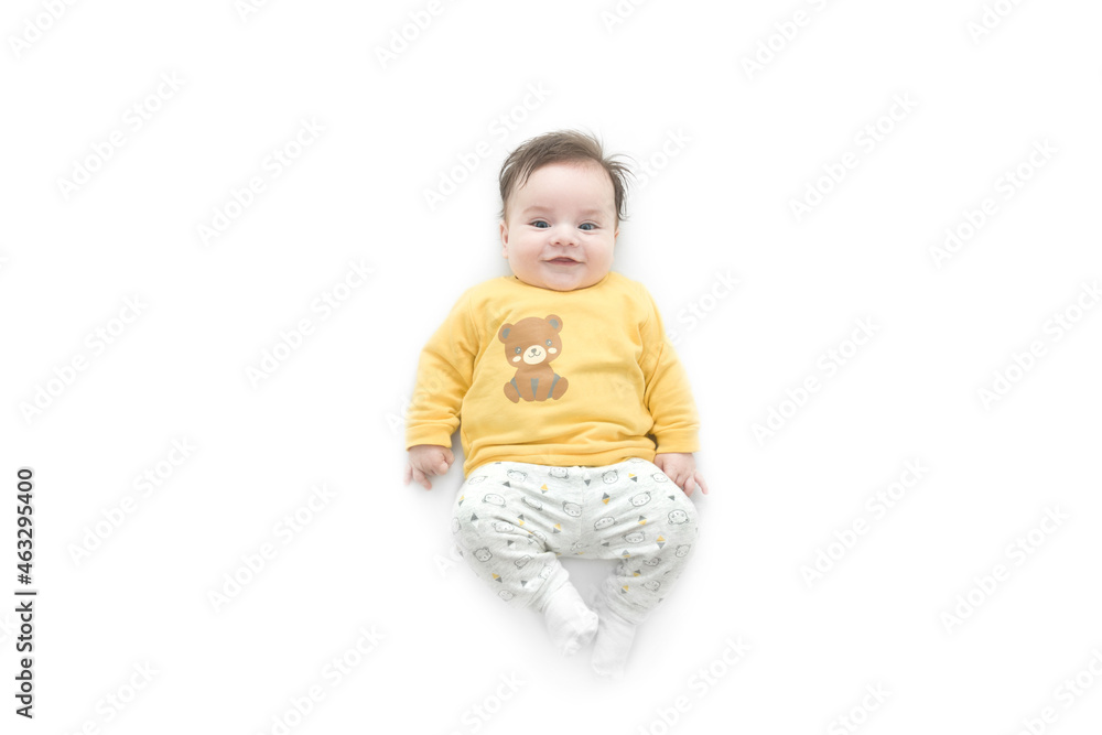 top view of beautiful baby boy three months old isolated on a white background top view of beautiful baby boy three months old isolated on a white background