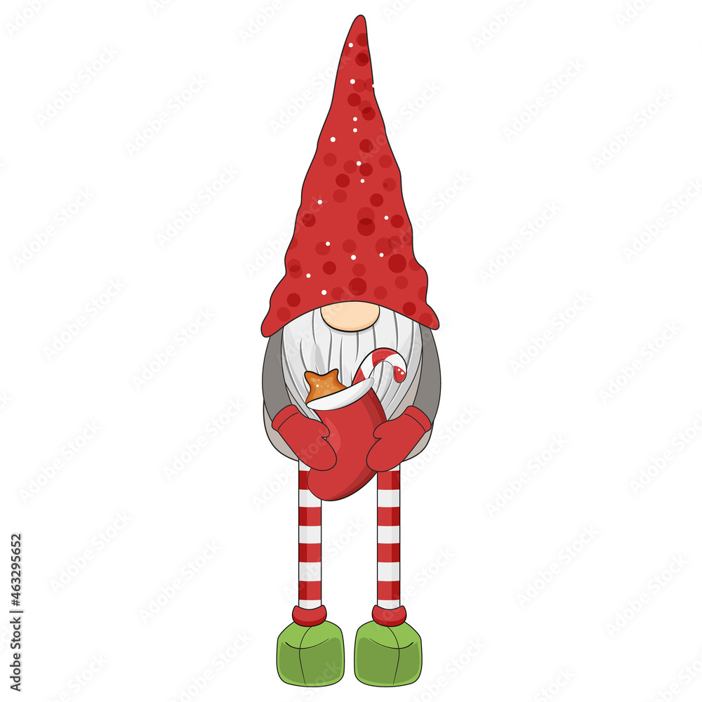 Cute christmas gnome with red sock. Vector illustration.
