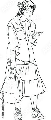 Outline sketch of girl in dress holding phone and backpack in line art style