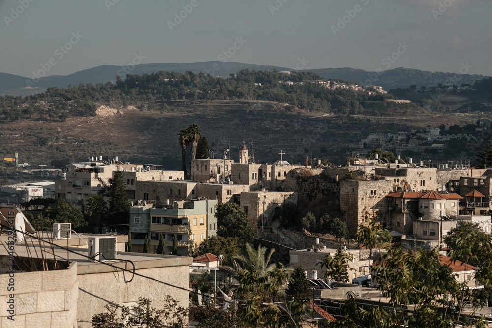 View from the North of Mi'ilya village with the King's Castle and the Melkite Greek Catholics Church in the background, Western Galilee, Northern District of Israel, Israel.