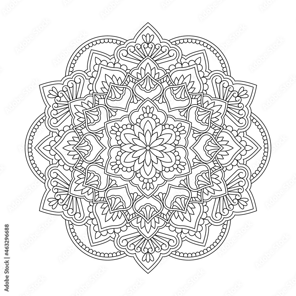 Vector black mandala isolated on white background. Line round vintage pattern for design,  coloring book, pillow, bed linen, utensils, stand for mugs, engraving