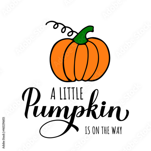 Little Pumpkin is on the way calligraphy hand lettering with cute cartoon pumpkin. Fall baby shower decorations. Autumn quote. Vector template for poster, sign, invitation, etc