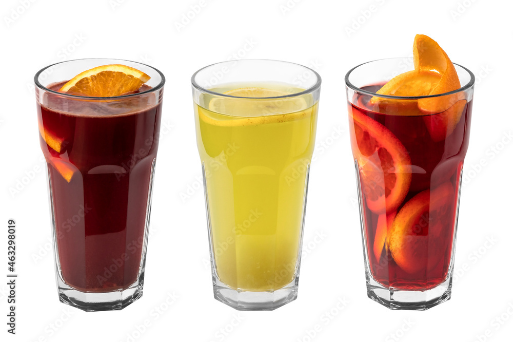 three glasses of red and yellow refreshing winter drink or mulled wine with sliced orange isolated on a white background three glasses of red and yellow refreshing winter drink or mulled wine with sliced orange isolated on a white background