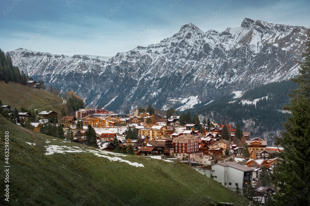 Murren Village with Tschuggen Mountain on background - Murren, Switzerland