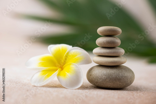 Pyramids of gray and white zen pebble meditation stones on beige background with plumeria tropical flower. Concept of harmony  balance and meditation  spa  massage  relax