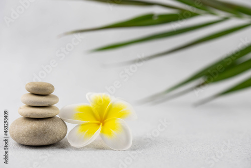 Pyramids of gray and white zen pebble meditation stones on white background with plumeria tropical flower. Concept of harmony, balance and meditation, spa, massage, relax