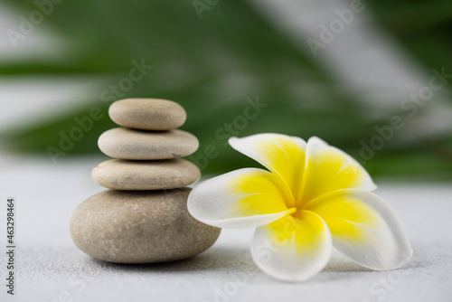 Pyramids of gray and white zen pebble meditation stones on white background with plumeria tropical flower. Concept of harmony, balance and meditation, spa, massage, relax