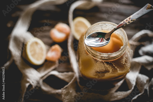 Honey and others natural medicine for the winter flue ( Rustic still life. photo