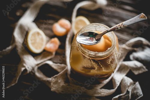 Honey and others natural medicine for the winter flue ( Rustic still life. photo