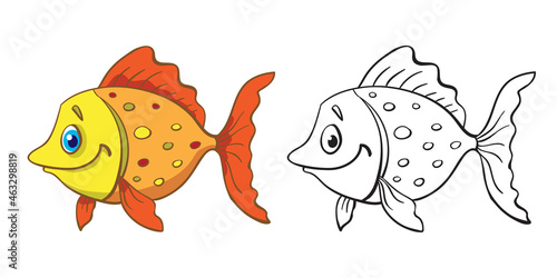 Funny colorful fish and its outline drawing. In cartoon style. Isolated on white background. Vector illustration. For coloring book.