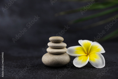 Pyramids of gray and white zen pebble meditation stones on black background with plumeria tropical flower. Concept of harmony, balance and meditation, spa, massage, relax