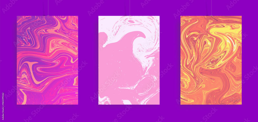 Three paintings with marbling. Vector colorful fluid. Marble texture for poster, brochure, invitation, cover design