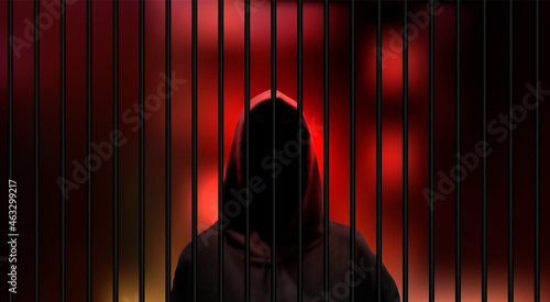 Realistic Prisoner in a Hood Silhouette with Jail Bars. Vector Illustration