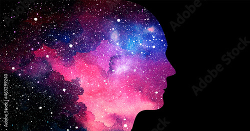 Vector illustration of human head on starry space background. Artificial intelligence or cosmic consciousness concept