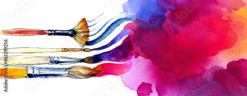 Vector colorful banner made of bright watercolor and brushes