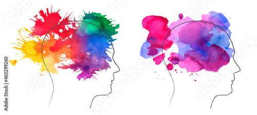Human head with watercolor colorful splashes illustration. Psychology, creativity concept