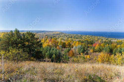 yellow red and green forest near Dnipro river at fall day