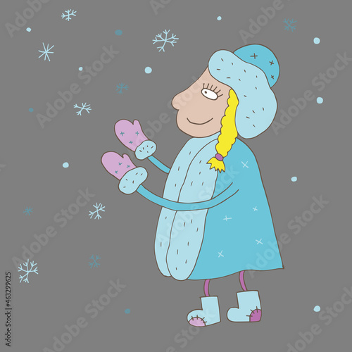 The Snow Maiden catches snowflakes with her hands. Vector. Drawn by hand in doodle style. Cartoon.