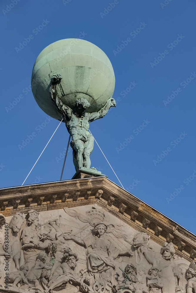 Architectural details of Royal Palace building (Koninklijk Paleis) at Dam Square in Amsterdam. Palace classicism style built as city hall during Dutch Golden Age (1648 - 1655). Amsterdam, Netherlands.