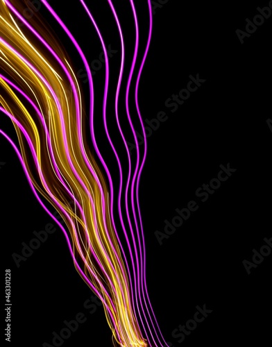 Fototapeta Naklejka Na Ścianę i Meble -  Long exposure photograph of neon colour in an abstract swirl, parallel lines pattern against a black background. Light painting photography.