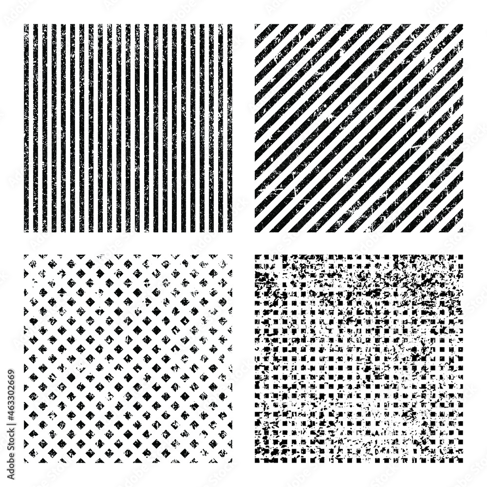 Set of black grunge stripes and squares. Distress texture of spots, stains, ink, dots, scratches. Design element for pattern, grungy effect, template, background. Vector illustration