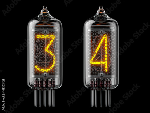 Nixie tube indicator. Number 3 three and 4 four on black background. photo