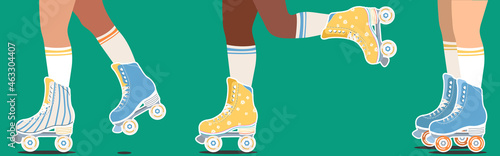 Roller skates and legs. Girls wearing roller skates. Hand-drawn trendy illustration of legs and rollerblades.