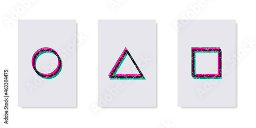 Geometric design with square, circle and triangle. Abstract trendy minimalistic geometrical posters with distortion effect and grunge texture. Vector illustration in modern korean style