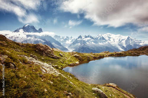 Views of the Mont Blanc glacier with Lac Blanc. Location place Graian Alps  France.