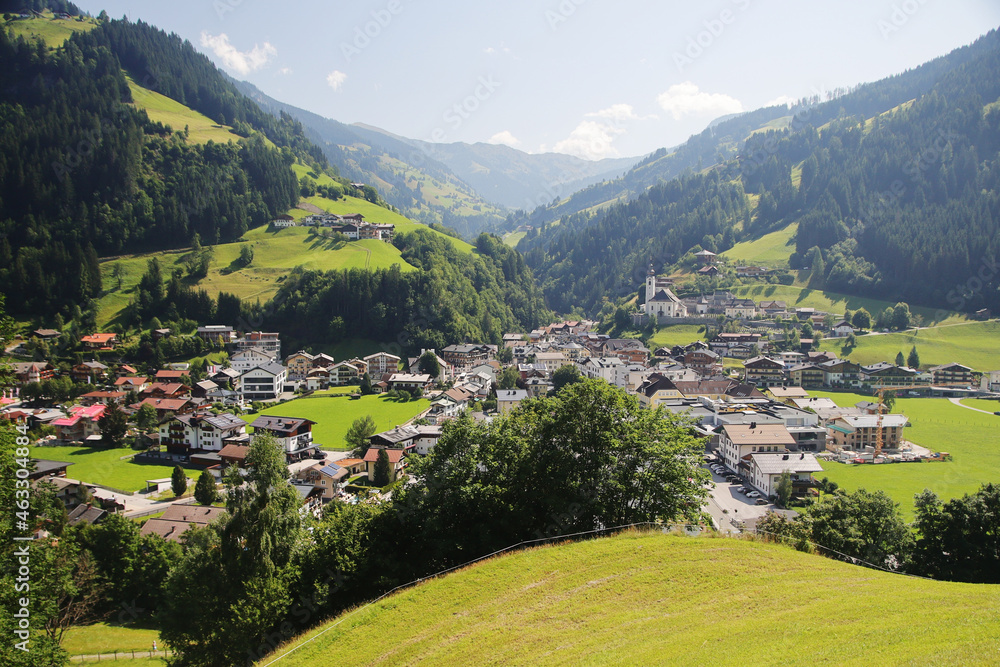 The panorama of Grossarl town in Grossarl valley, Austria